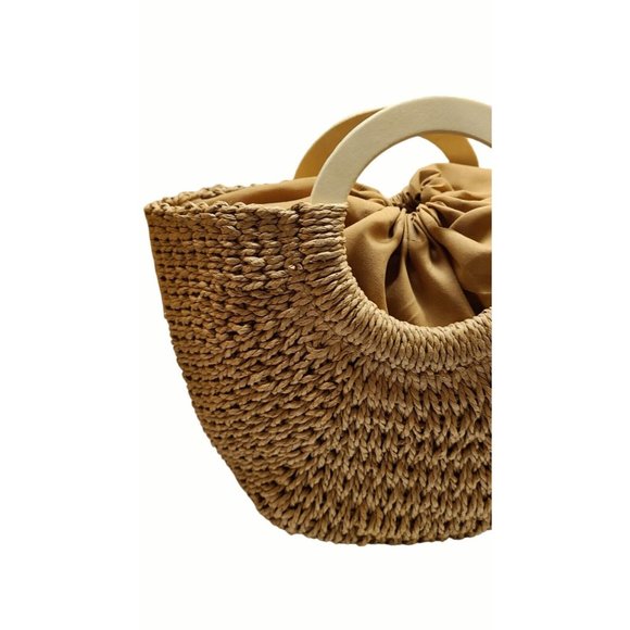 Wicker Woven Straw Handbag  Beach Bag Wood Handles - Picture 3 of 8